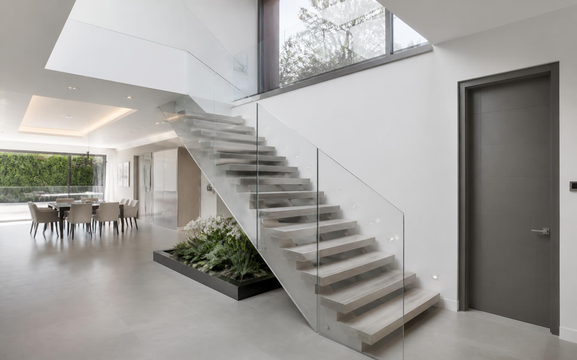 Frameless glass balustrade staircase in a contemporary home