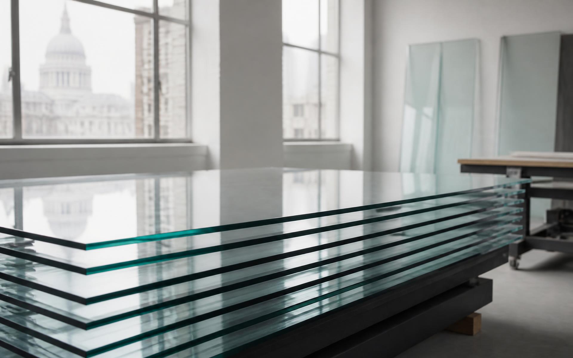 Stacked panels of made-to-measure toughened glass in a workshop